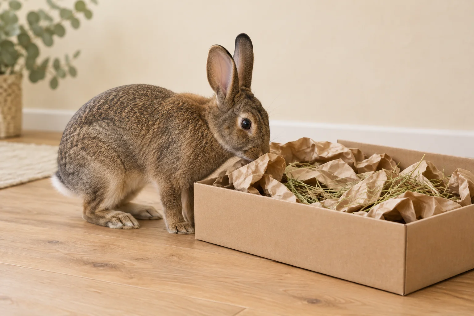 Un lapin brun renifle un bac bas en carton contenant du papier froissé et du foin, posé sur un sol en bois.