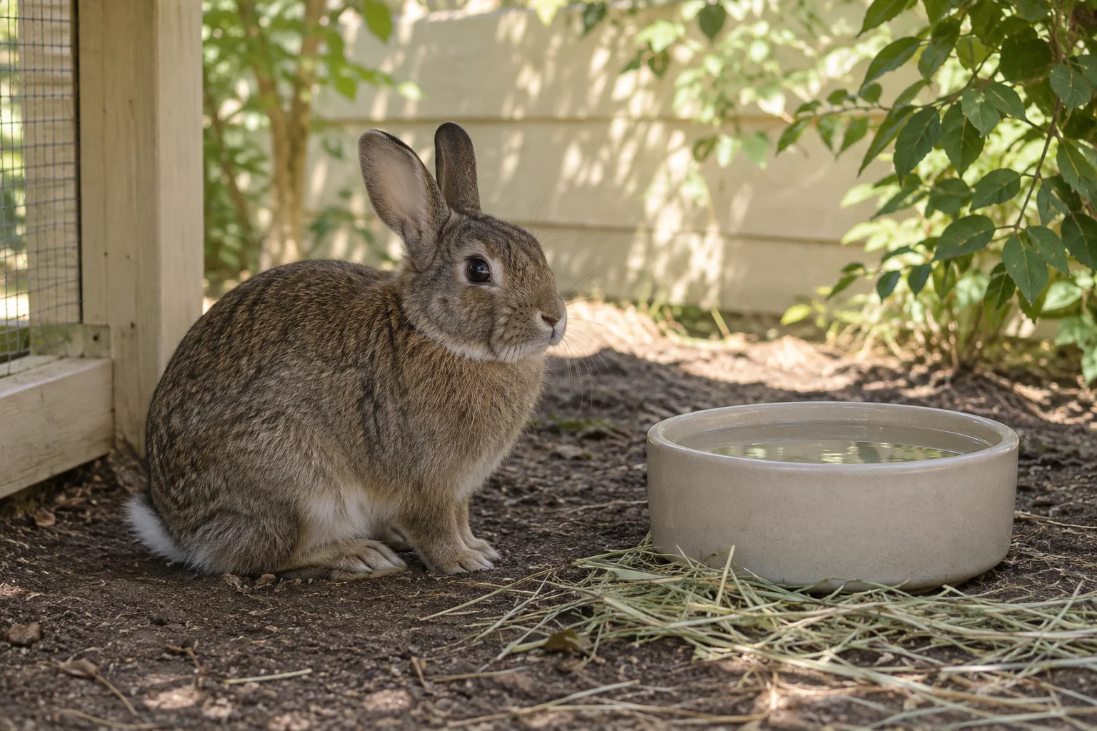 Un lapin brun se tient à l’ombre à côté d’une gamelle basse remplie d’eau, avec du foin au sol.
