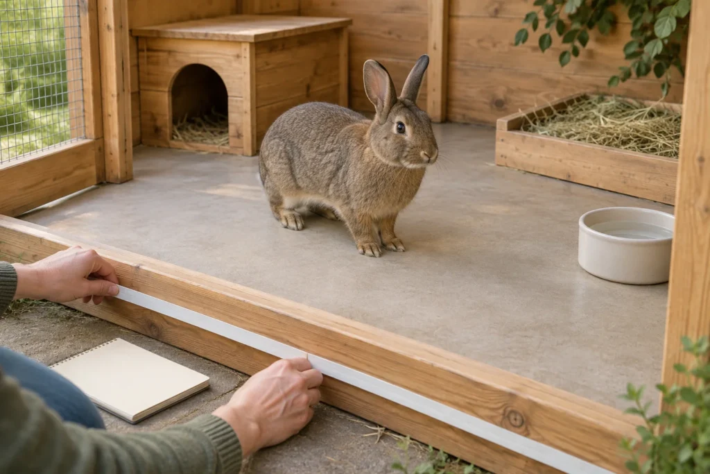 Lapin brun dans un habitat en bois avec une maisonnette servant d’abri, un bac de foin et un bol d’eau. À l’extérieur de l’habitat, des mains tiennent un mètre ruban sans graduations visibles le long du bord.