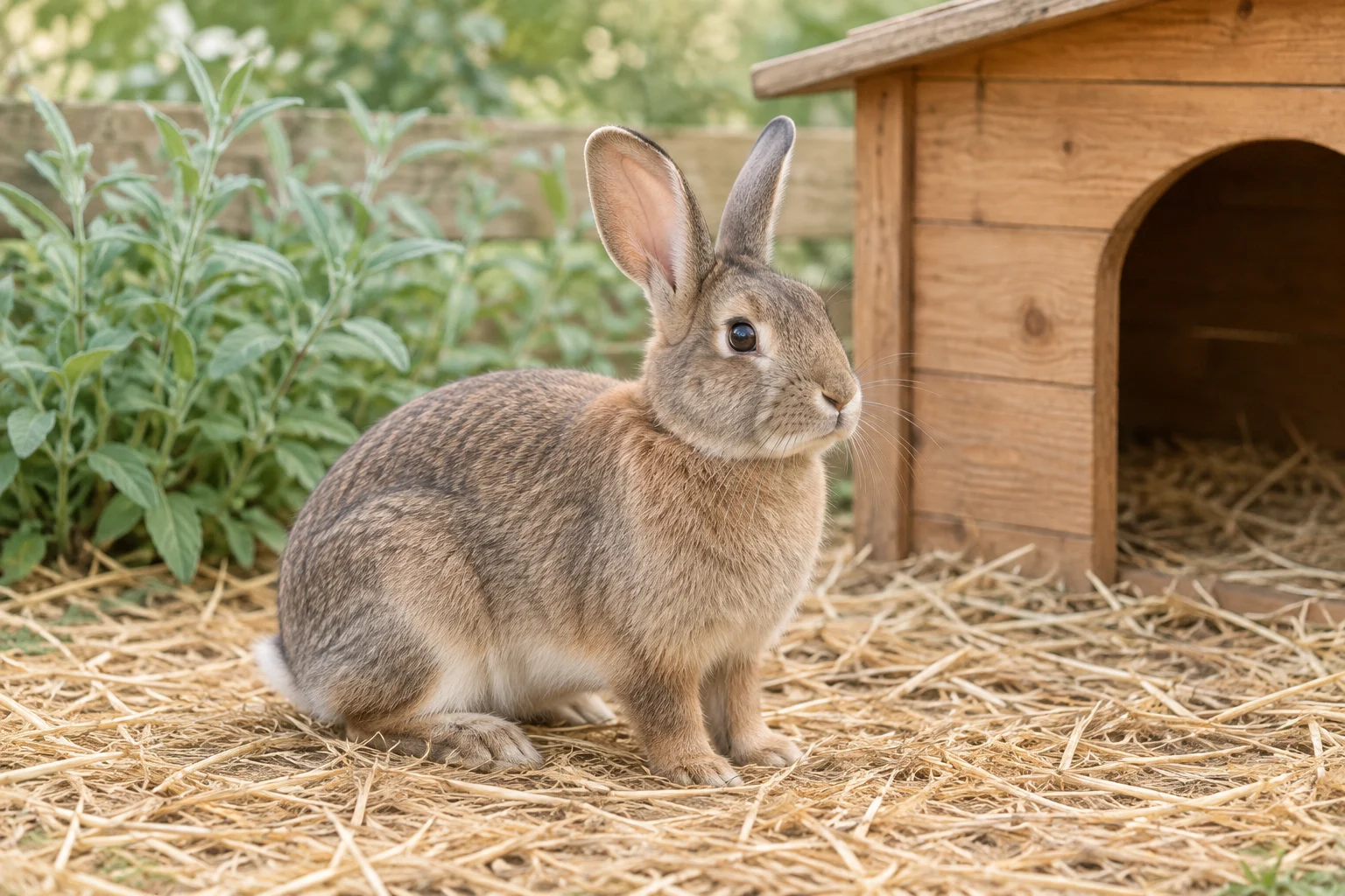 Lapin brun aux oreilles dressées, sur de la paille à côté d’un abri en bois.