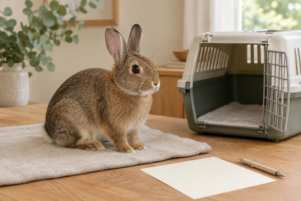 Lapin brun sur un tapis clair, à côté d’une caisse de transport ouverte, d’une feuille de papier vierge et d’un stylo.