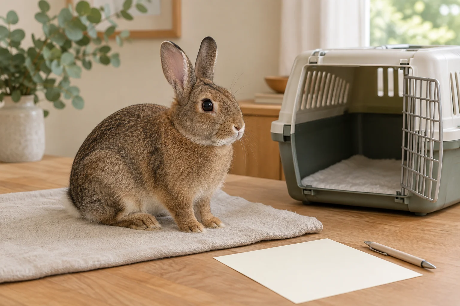 Lapin brun sur un tapis clair, à côté d’une caisse de transport ouverte, d’une feuille de papier vierge et d’un stylo.
