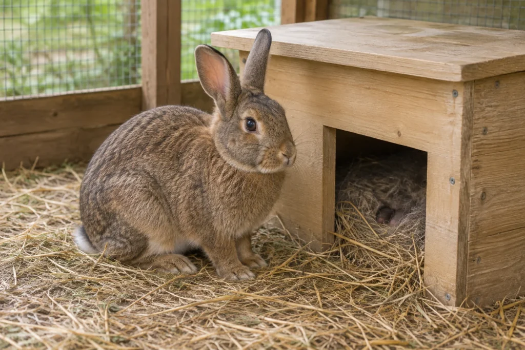 Lapin brun à côté d'un nichoir en bois couvert, avec des petits dans le nid.