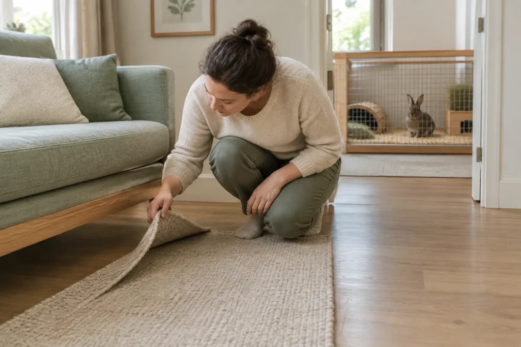 Une personne soulève le coin d’un tapis près d’un canapé. Dans l’espace adjacent, un lapin se trouve derrière une séparation.