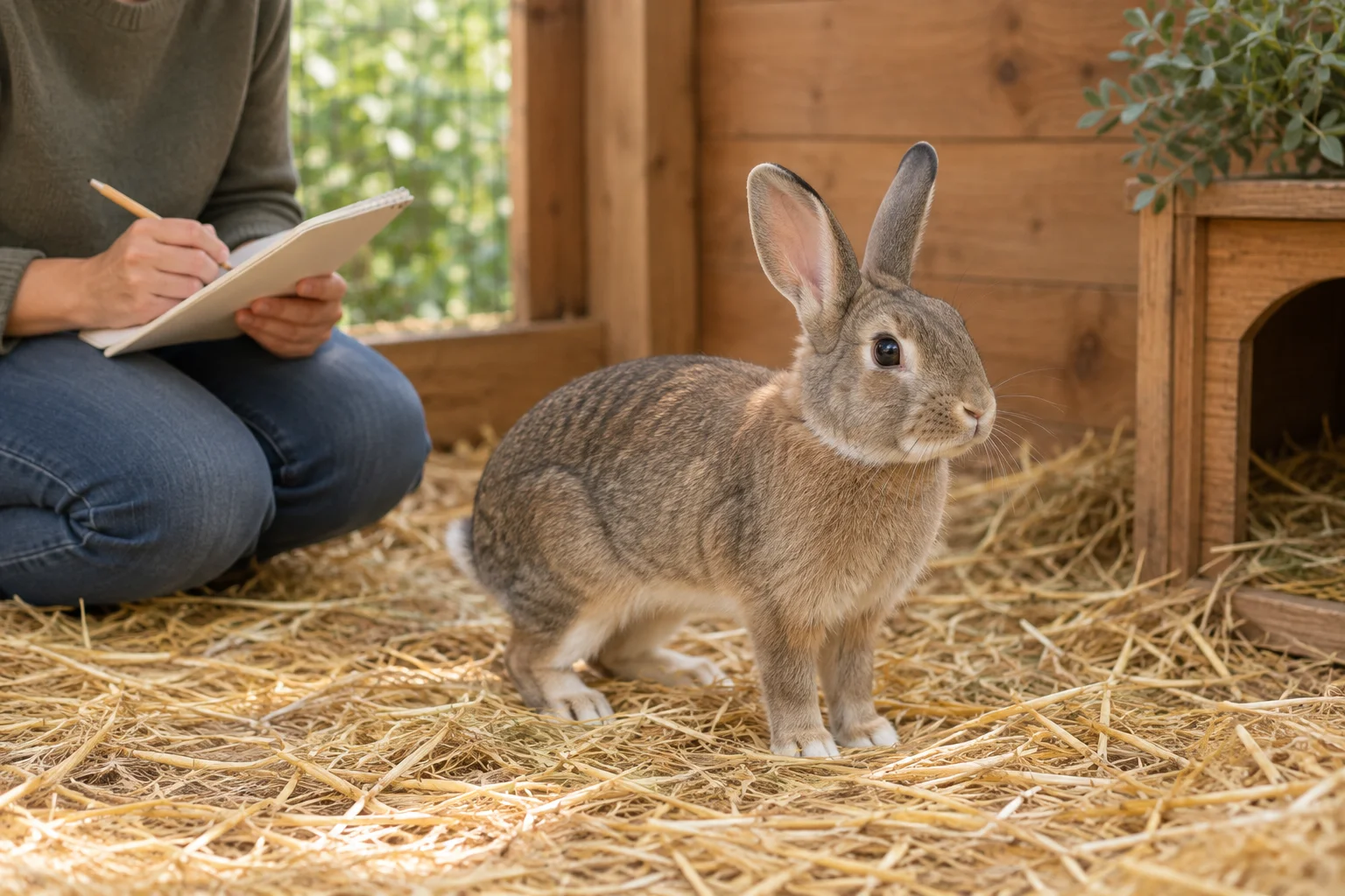 Un lapin se tient sur de la paille dans un abri en bois, tandis qu’une personne à côté tient un carnet et un crayon.
