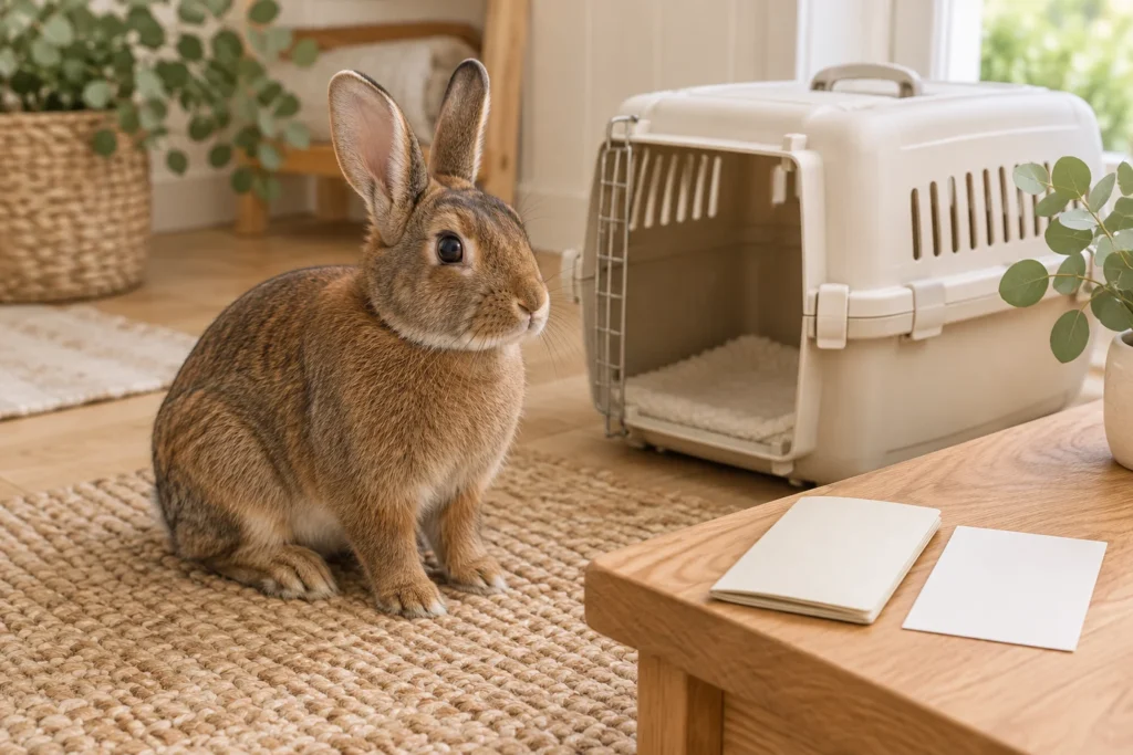 Un lapin brun est assis sur une couverture à côté d’une caisse de transport ouverte. Un carnet et une feuille de papier sont posés sur une table.