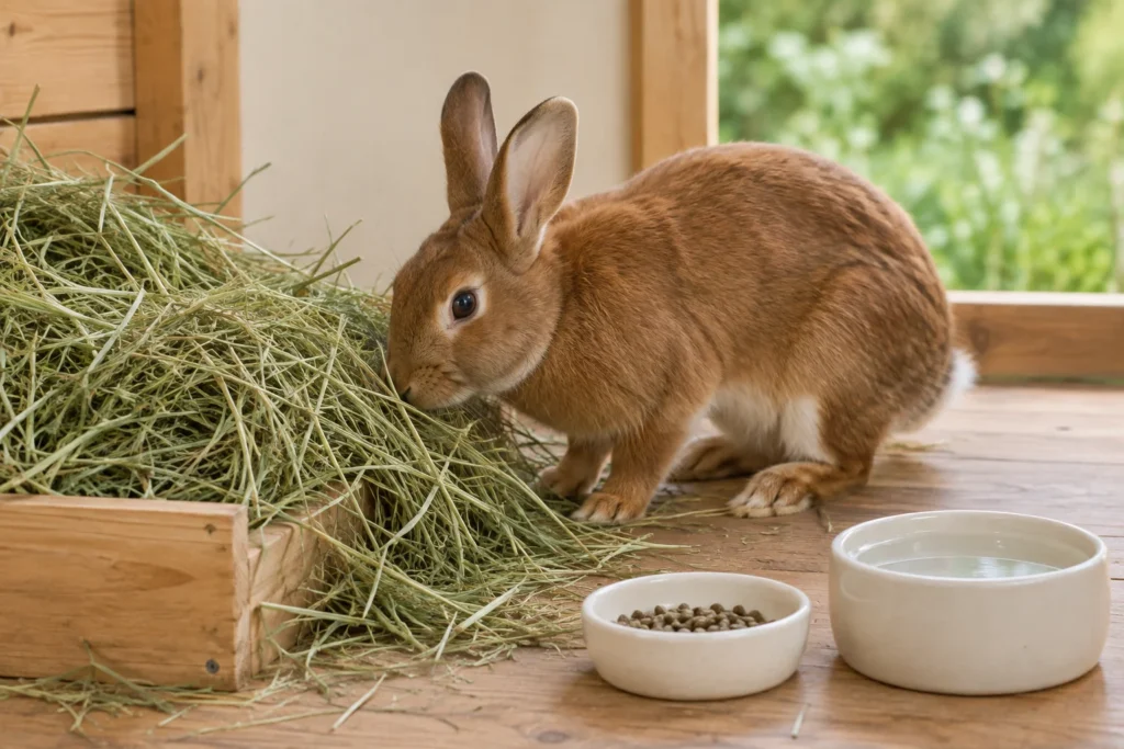 Lapin brun près d’un tas de foin, avec une gamelle de granulés et une gamelle d’eau sur un sol en bois.