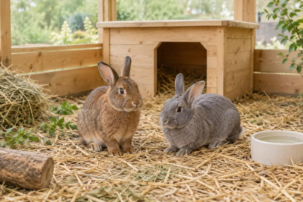 Un lapin brun et un lapin gris sont assis sur de la paille devant un abri en bois, avec du foin et un récipient d’eau à côté d’eux.