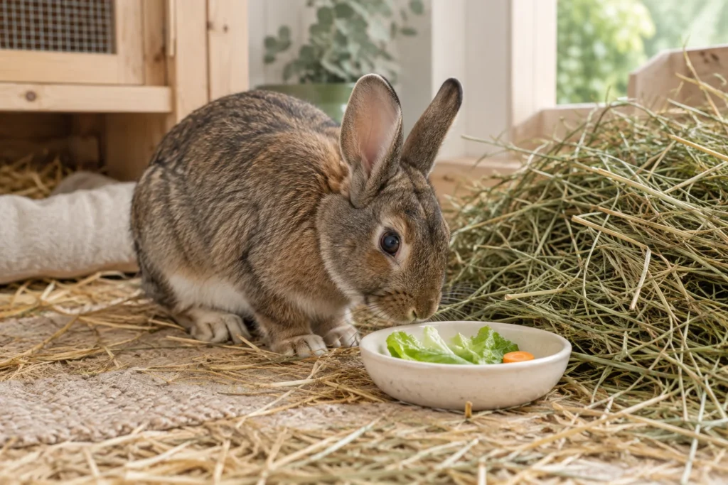 Lapin brun près d’un bol contenant des feuilles de laitue et un morceau de carotte, à côté d’un grand tas de foin.