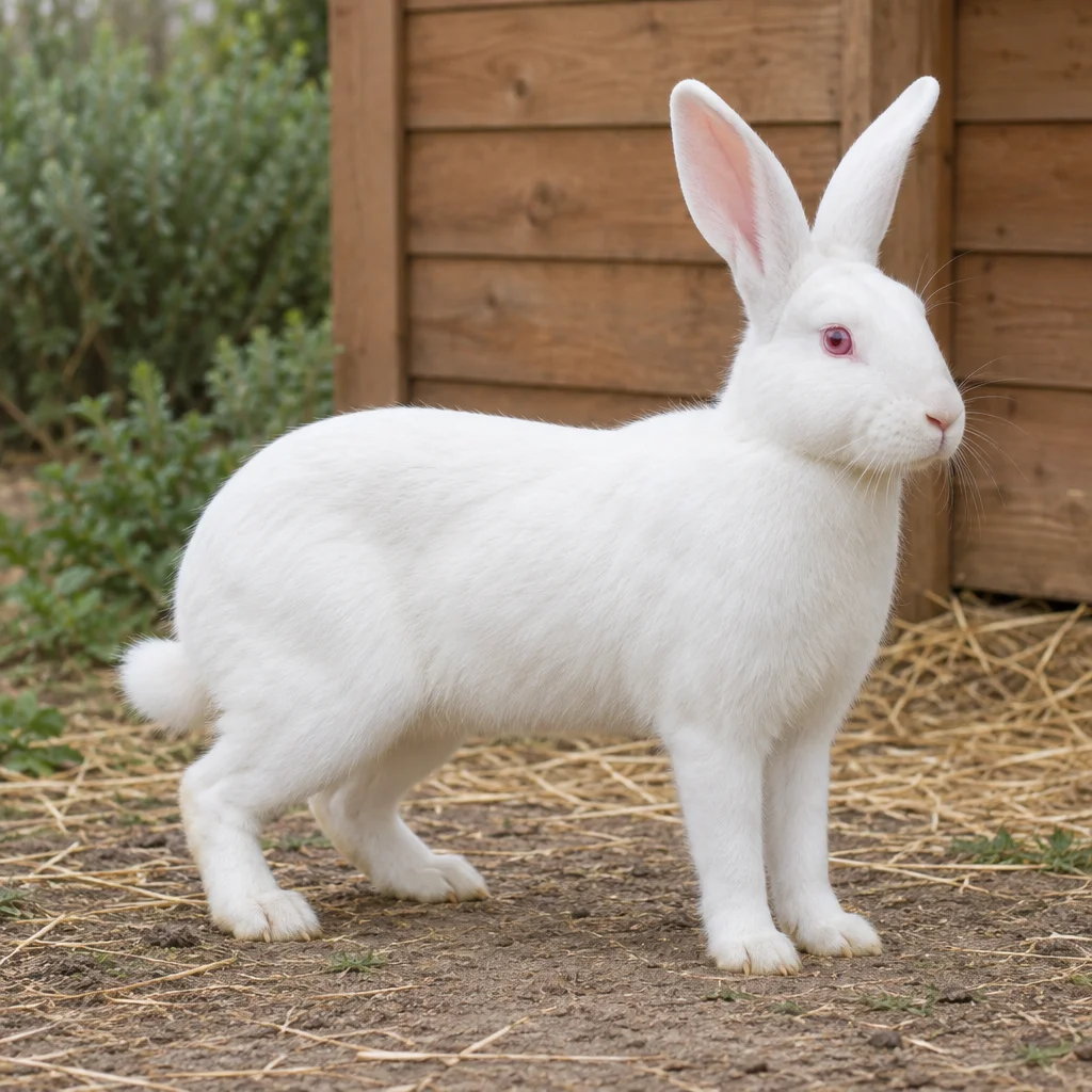 Illustration d’un lapin blanc aux yeux rouges, aux longues oreilles dressées et au corps allongé, près d’un habitat en bois.