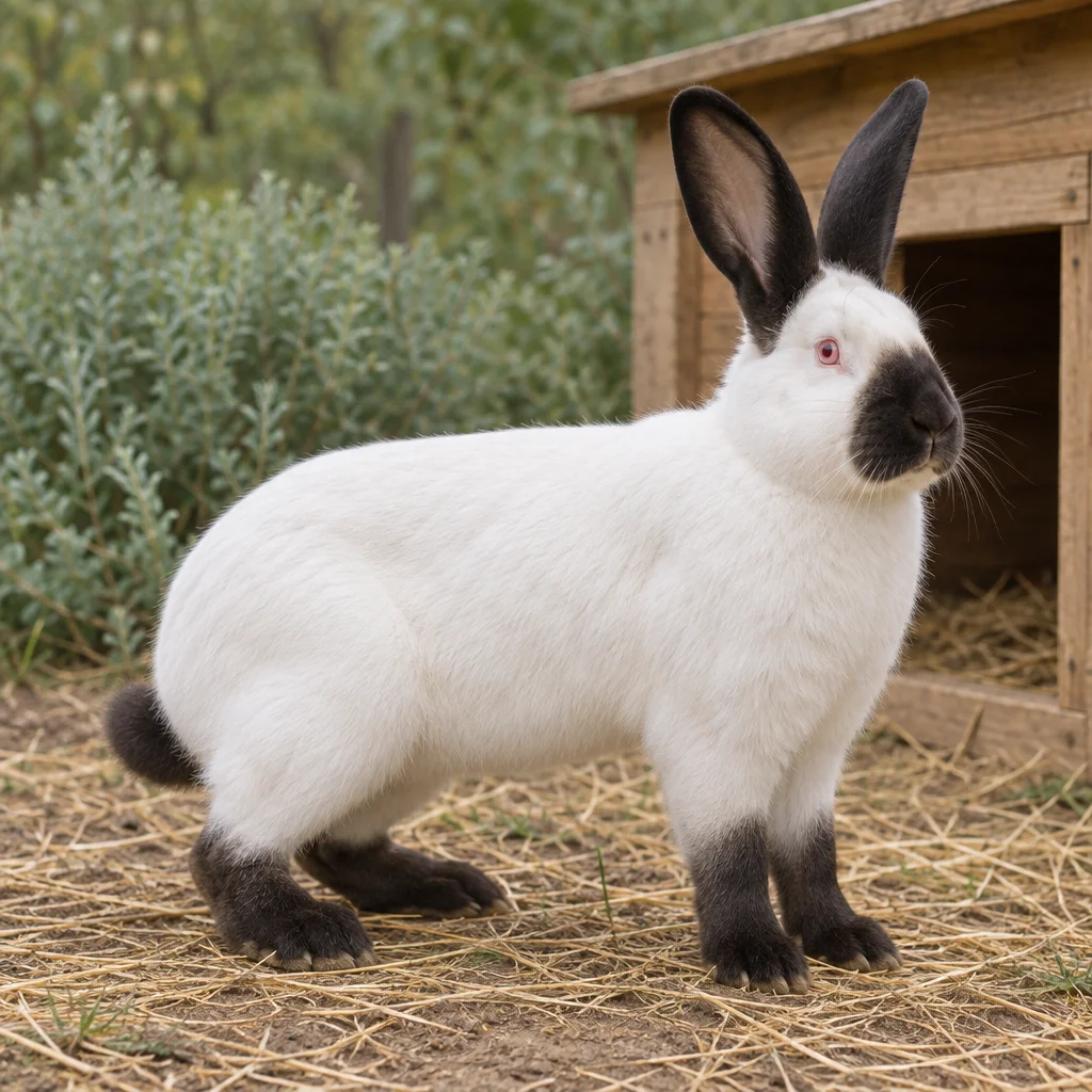 Illustration d'un lapin blanc aux oreilles, au museau, aux pattes et à la queue foncés, à côté d'un abri en bois.