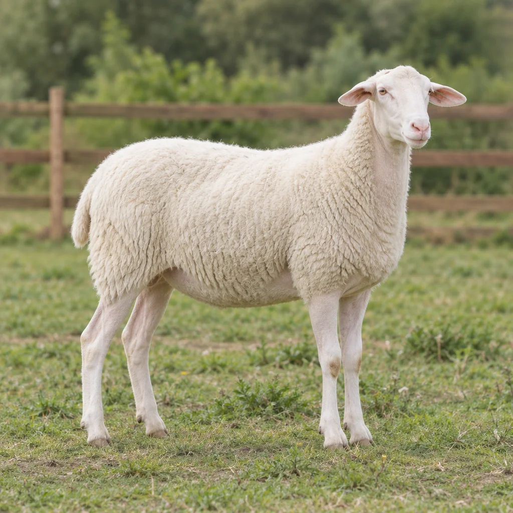 Un mouton blanc à la tête et aux pattes claires se tient dans une prairie devant une clôture en bois, entièrement visible.