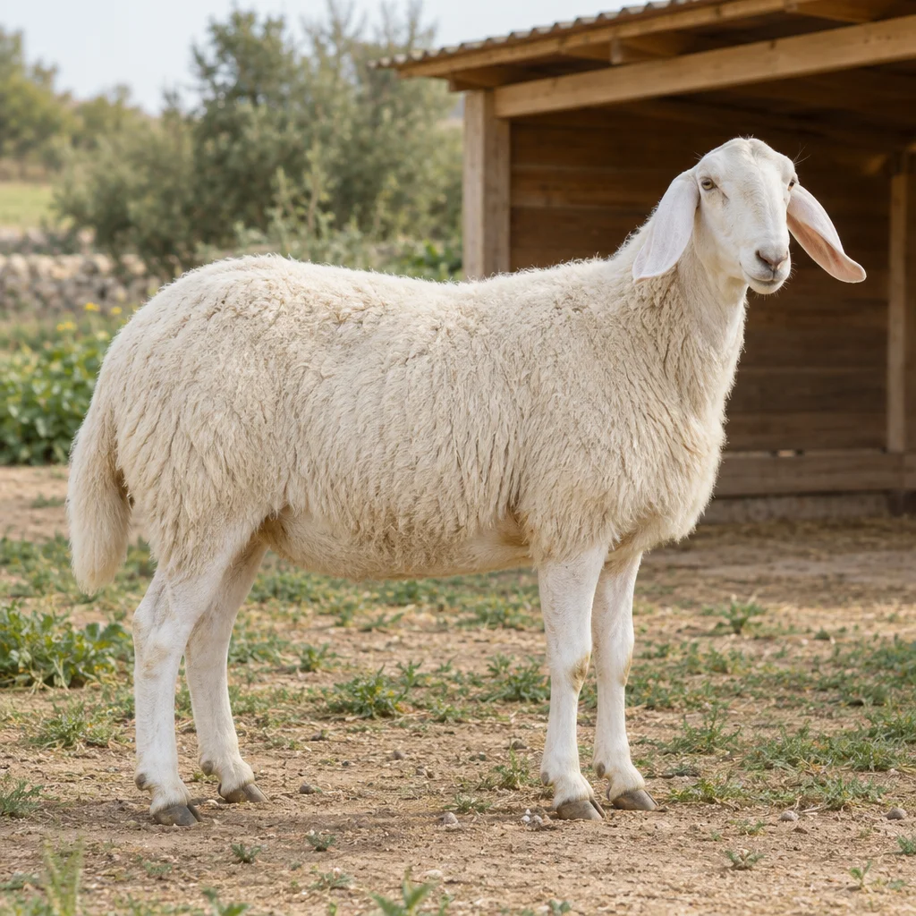 Un mouton blanc aux longues oreilles pendantes se tient près d’un abri en bois, ses quatre sabots visibles.