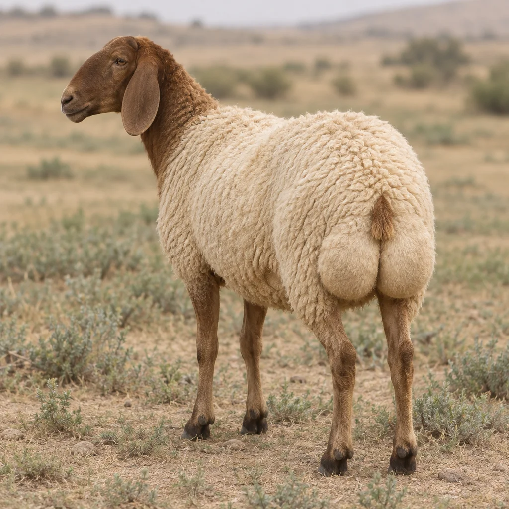 Illustration d’un mouton Awassi à tête brune, aux oreilles tombantes, à la laine claire et à la large queue grasse, dans un paysage sec.