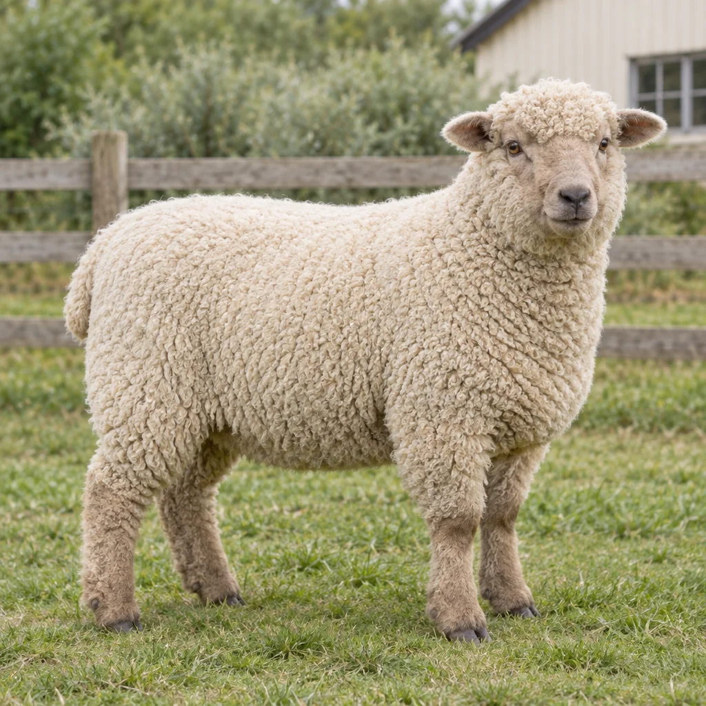 Un mouton compact à la laine couleur crème et au museau brun clair se tient sur l’herbe devant une clôture en bois.