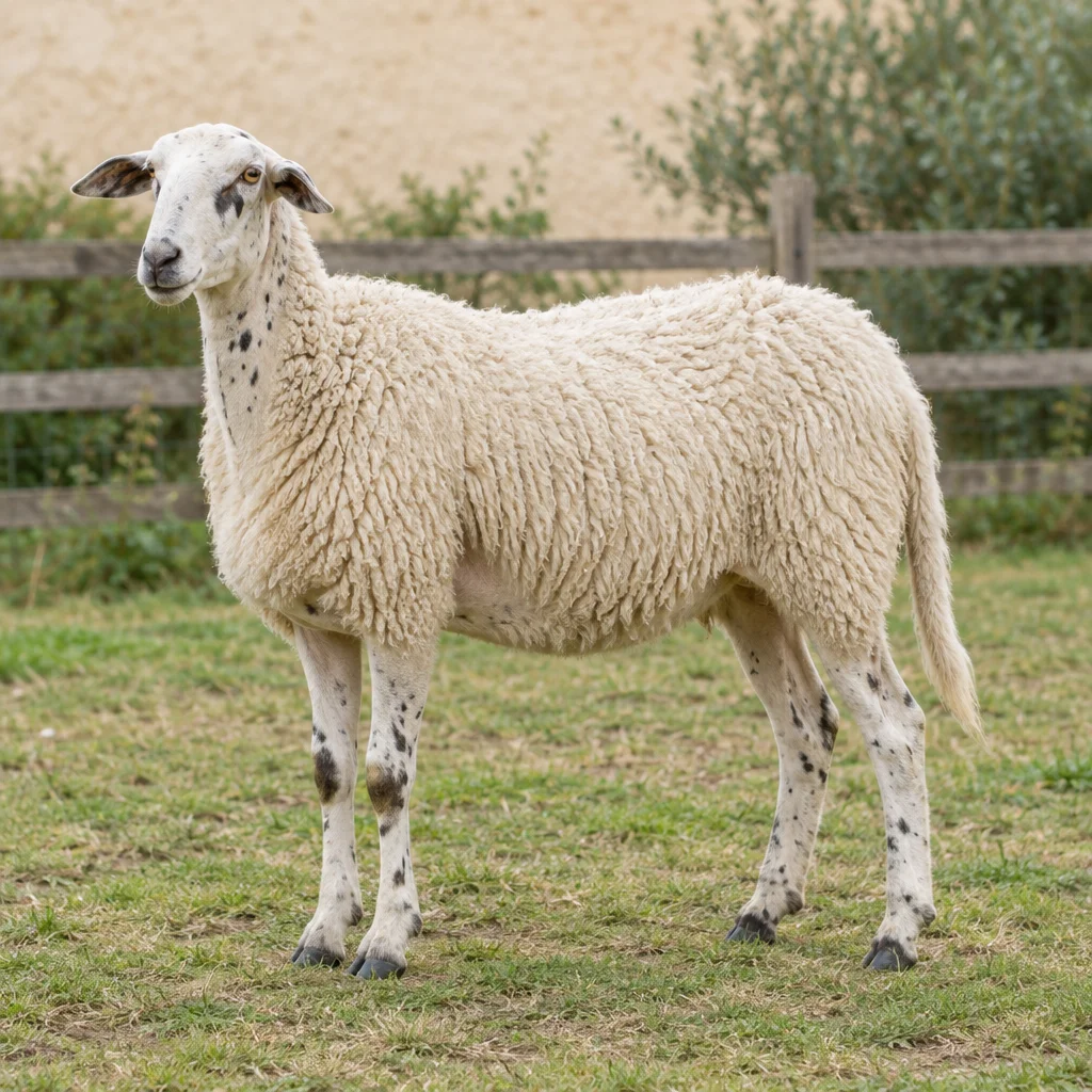 Un mouton blanc avec des mouchetures sombres sur la tête, le cou et les pattes se tient dans un pré devant une clôture en bois.