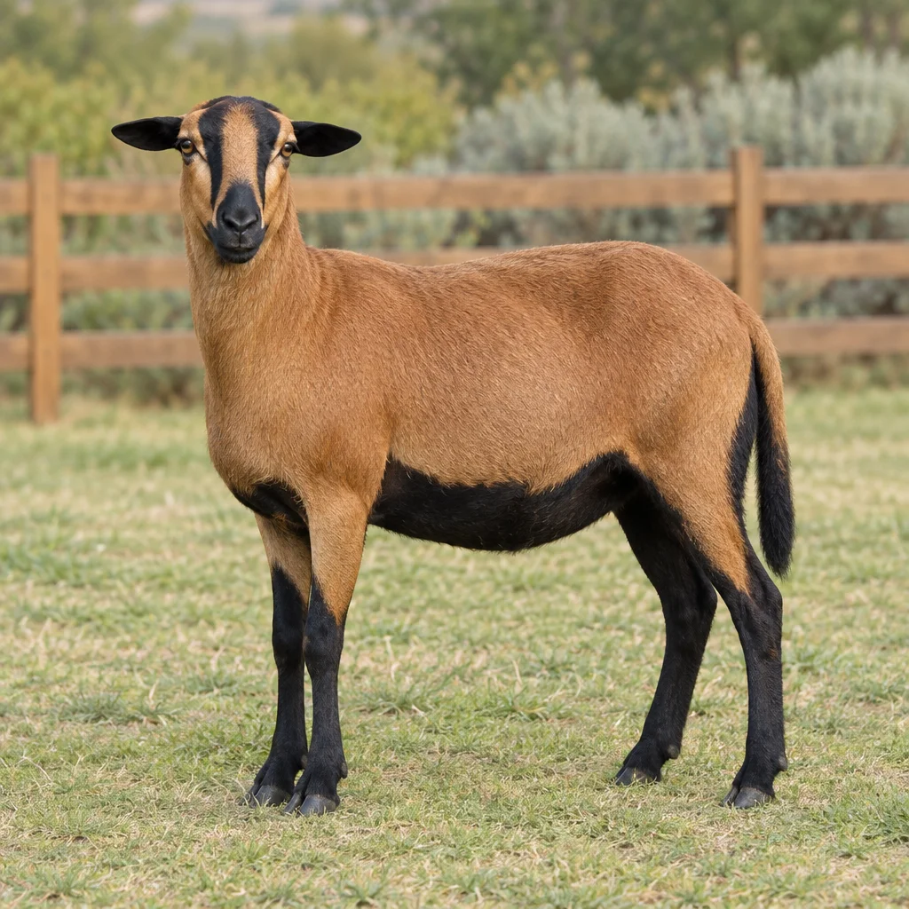 Un mouton sans cornes, au pelage court et brun, au ventre et aux pattes noirs, se tient sur l’herbe devant une clôture en bois.