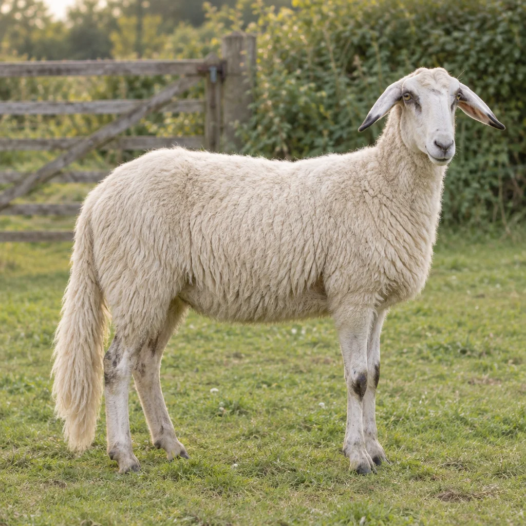 Un mouton blanc aux longues oreilles et à la longue queue couverte de laine se tient sur l’herbe devant une clôture en bois.