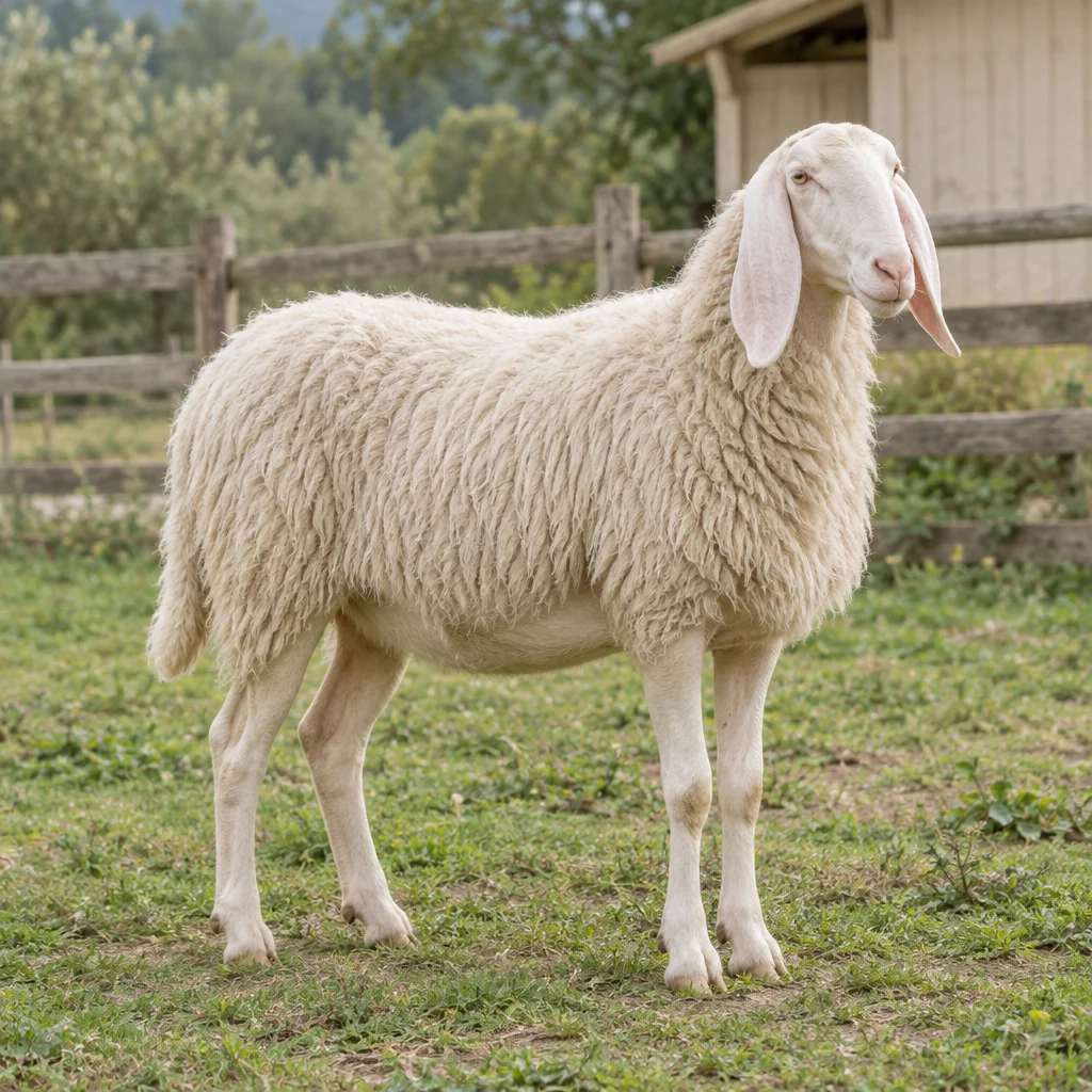 Mouton blanc aux longues oreilles tombantes, entièrement visible près d’une clôture en bois.