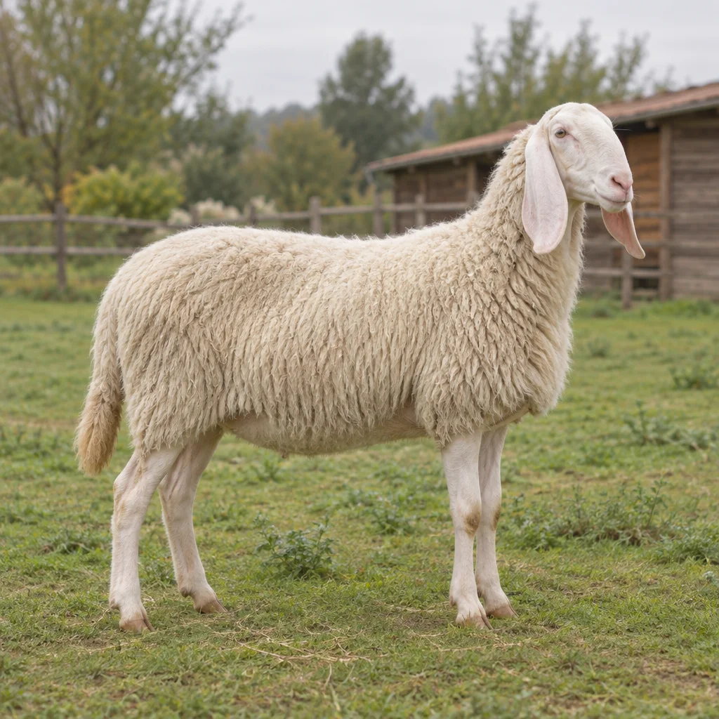 Un grand mouton blanc aux longues oreilles tombantes apparaît en entier sur l’herbe, avec une grange en bois au fond de l’image.