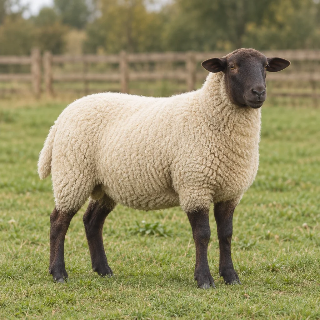 Illustration d’un mouton czarnogłówka à la toison blanche, à la tête sombre et aux pattes sombres, dans un pré herbeux.
