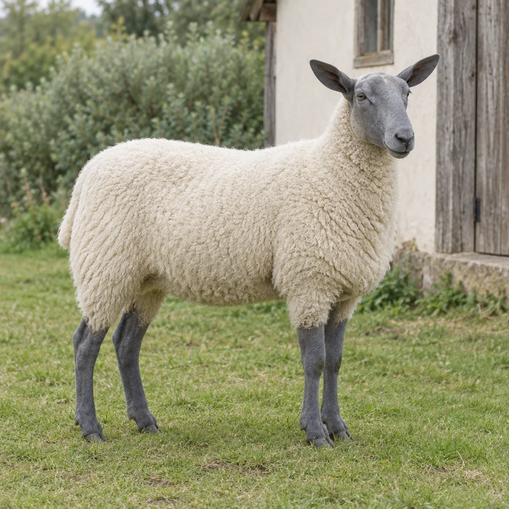 Un mouton à la laine blanche, à la tête gris ardoise dépourvue de laine et aux membres sombres se tient sur l’herbe devant un bâtiment agricole.