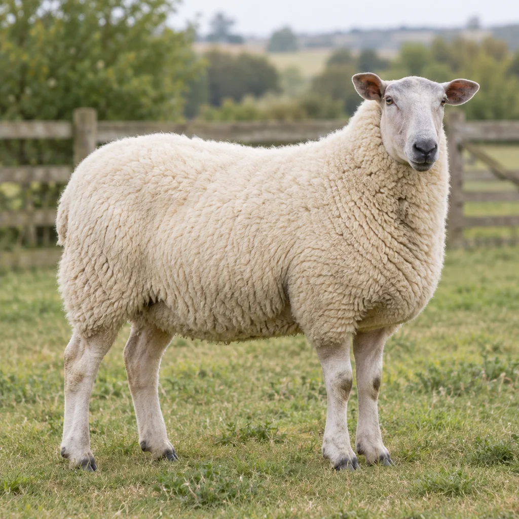 Illustration d’un mouton Boulonnais à la laine blanche et à la tête gris clair dans une prairie.