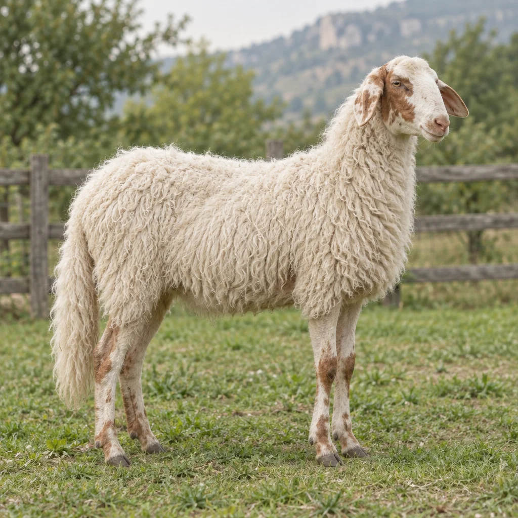 Mouton blanc aux taches brun rougeâtre sur la tête et les pattes, debout dans un pâturage herbeux près d’une clôture en bois.