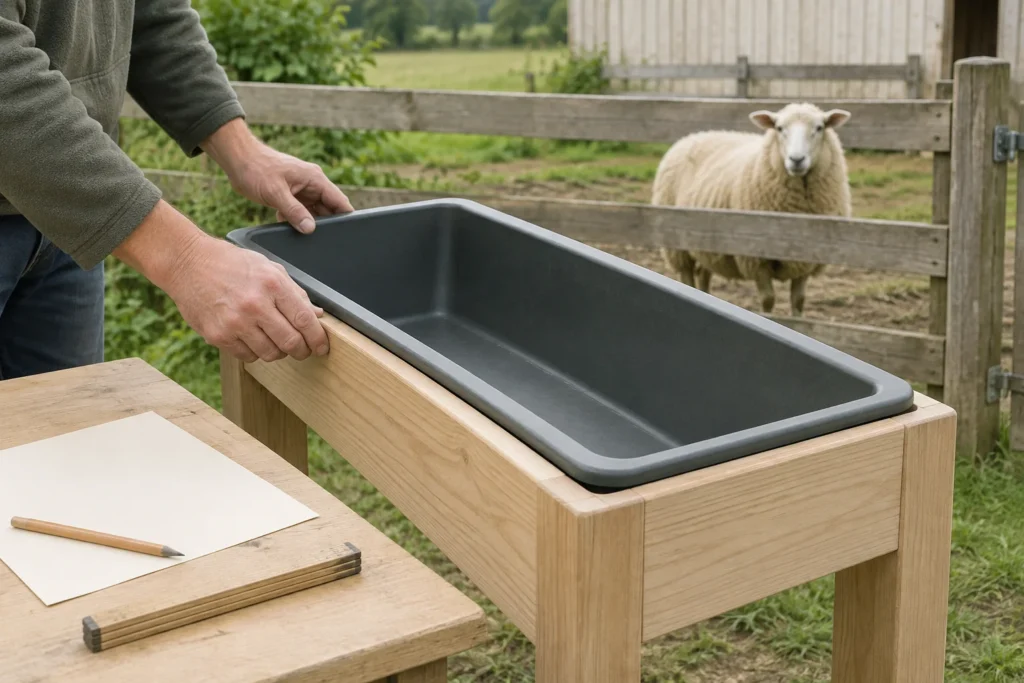 Des mains tiennent une mangeoire sombre et vide dans un cadre en bois. Sur une table se trouvent du papier, un crayon et un mètre pliant ; un mouton se tient derrière une clôture.