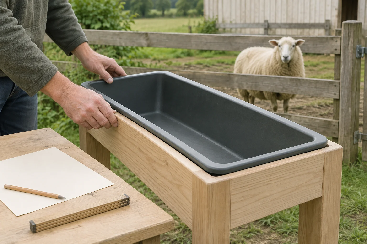 Des mains tiennent une mangeoire sombre et vide dans un cadre en bois. Sur une table se trouvent du papier, un crayon et un mètre pliant ; un mouton se tient derrière une clôture.