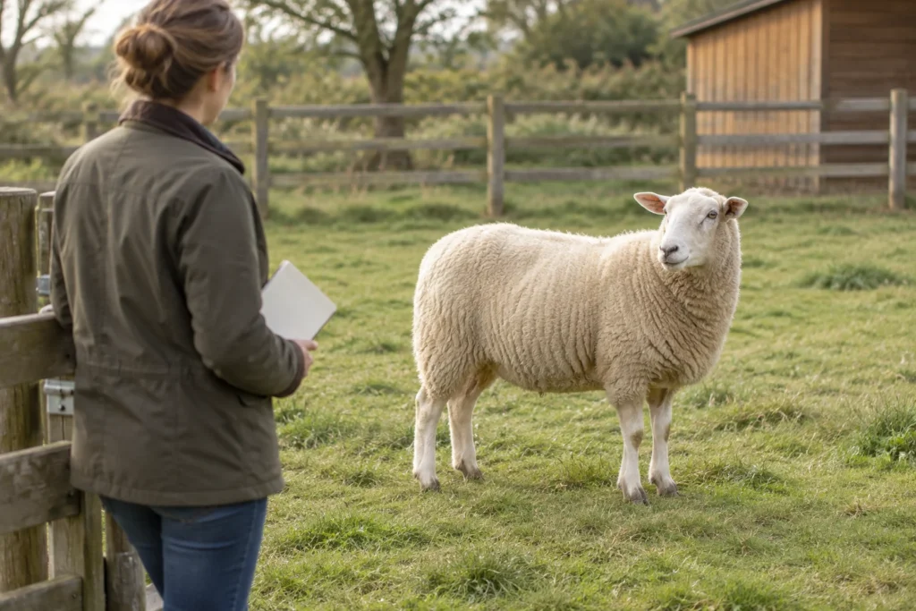 Une personne tenant un carnet vierge se tient près d’une clôture en bois et regarde un mouton dans un pré.