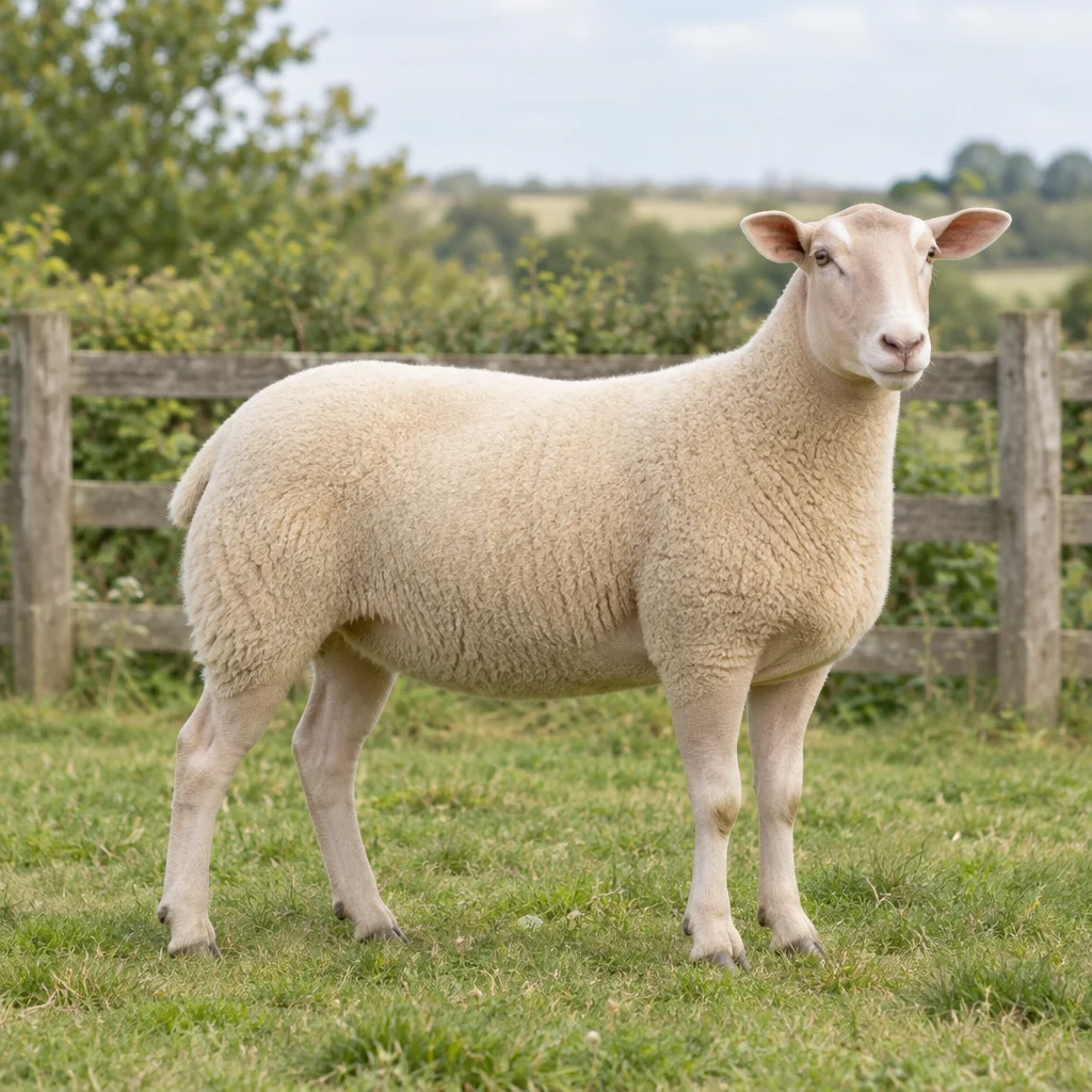 Un mouton de couleur claire se tient dans une pâture devant une clôture en bois, ses quatre pattes visibles.