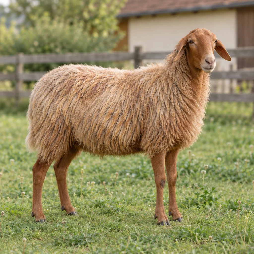 Illustration d’un mouton Coburger Fuchsschaf à la tête et aux pattes brun roux et à la longue laine brun doré, debout dans un pré.
