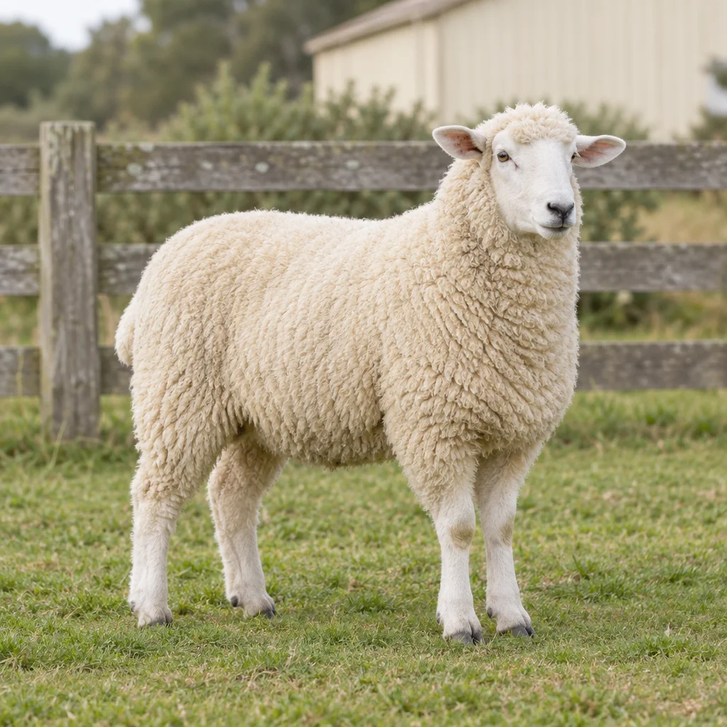 Illustration d’un mouton blanc et laineux, debout sur ses quatre pattes dans une prairie herbeuse près d’une clôture en bois.