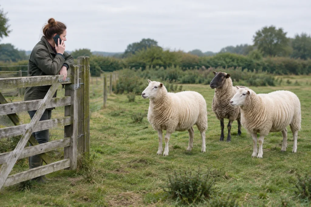 Un éleveur de moutons, le téléphone à l’oreille, se tient près d’une clôture en bois et regarde trois moutons dans un pré.