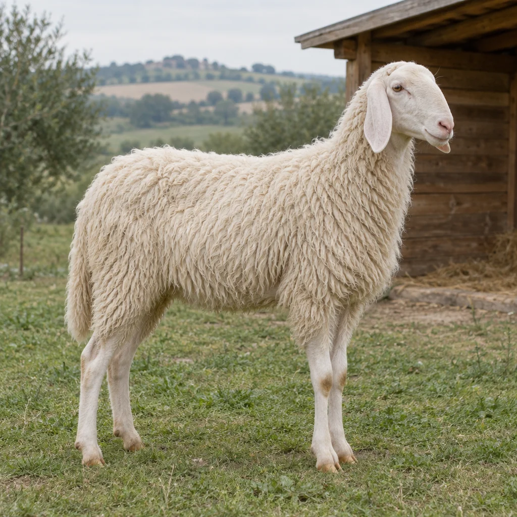 Un mouton blanc aux oreilles tombantes et au profil nasal légèrement busqué se tient sur l’herbe, à côté d’un abri en bois.