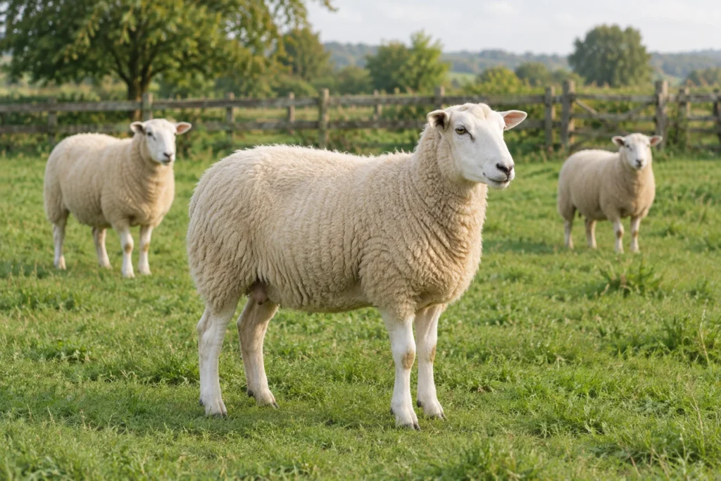 Trois moutons se tiennent dans une prairie herbeuse, avec une clôture en bois à l’arrière plan.