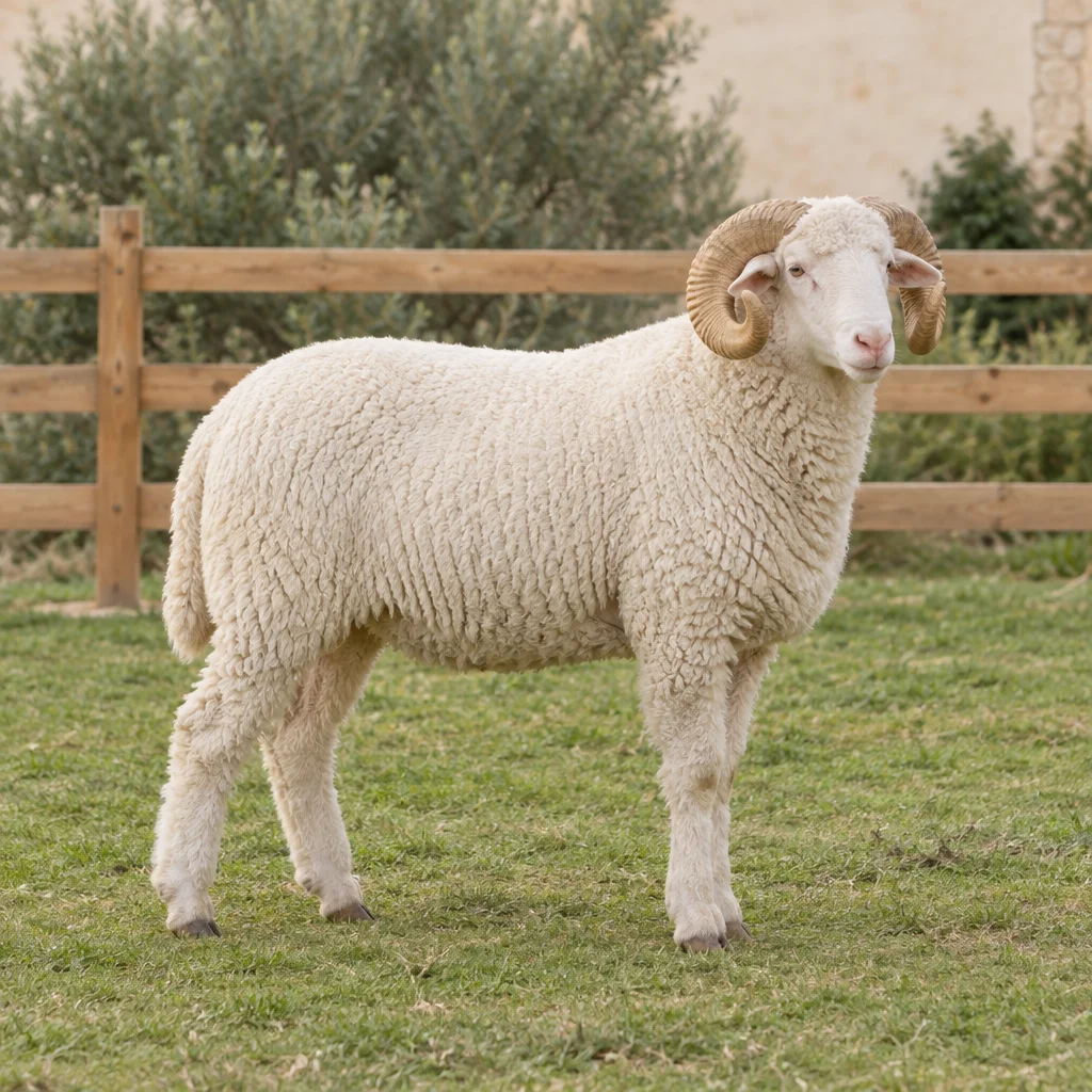 Un bélier blanc aux cornes recourbées se tient sur l’herbe devant une clôture en bois.