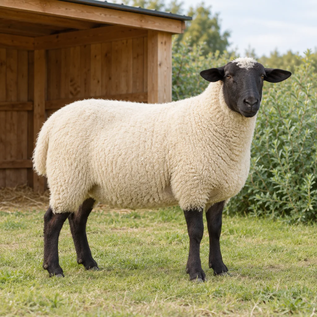 Un mouton à la laine blanche, à la tête noire et aux pattes foncées se tient sur l’herbe près d’un abri en bois.