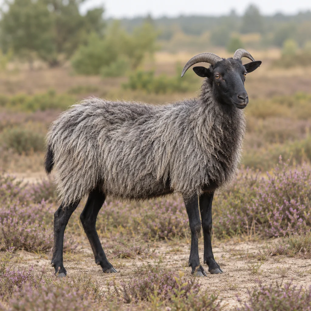 Illustration d’un Heidschnucke gris à cornes, à la tête et aux pattes foncées, dans un paysage de landes.
