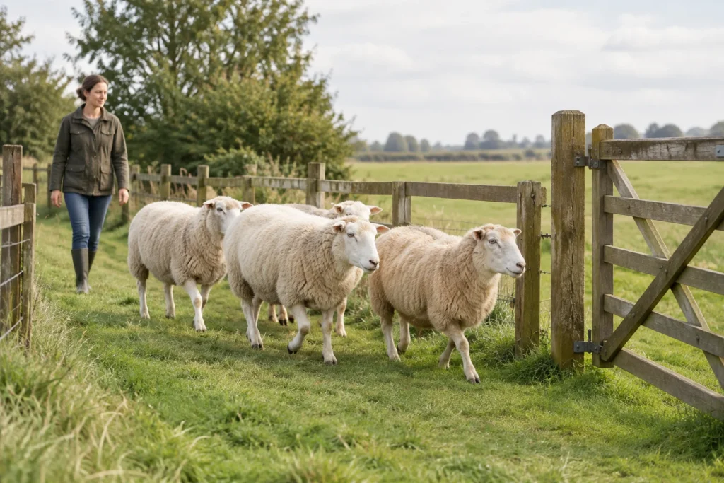 Quatre moutons avancent sur un chemin herbeux le long d’une clôture en bois, suivis par une personne à quelques pas.