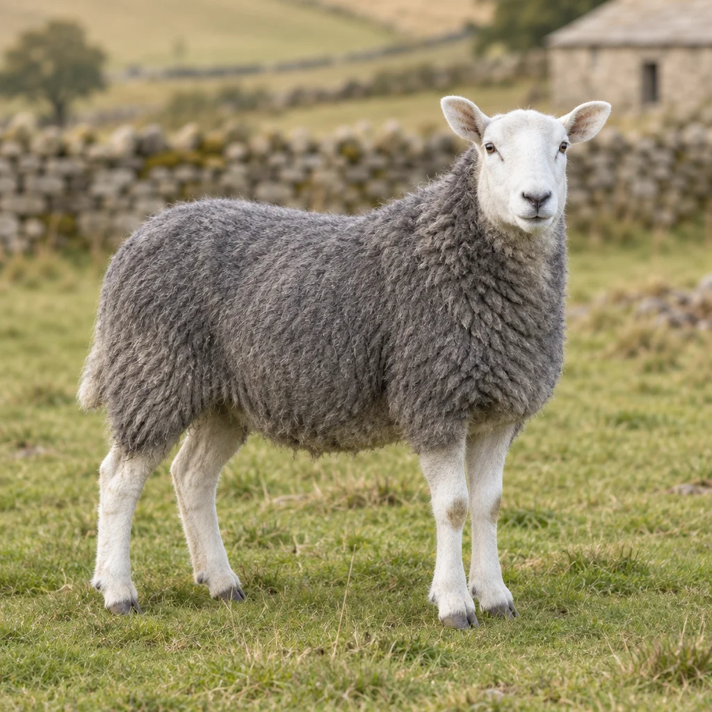 Un mouton sans cornes, à la toison grise, à la tête et aux pattes blanches, se tient sur l'herbe devant un mur de pierre.