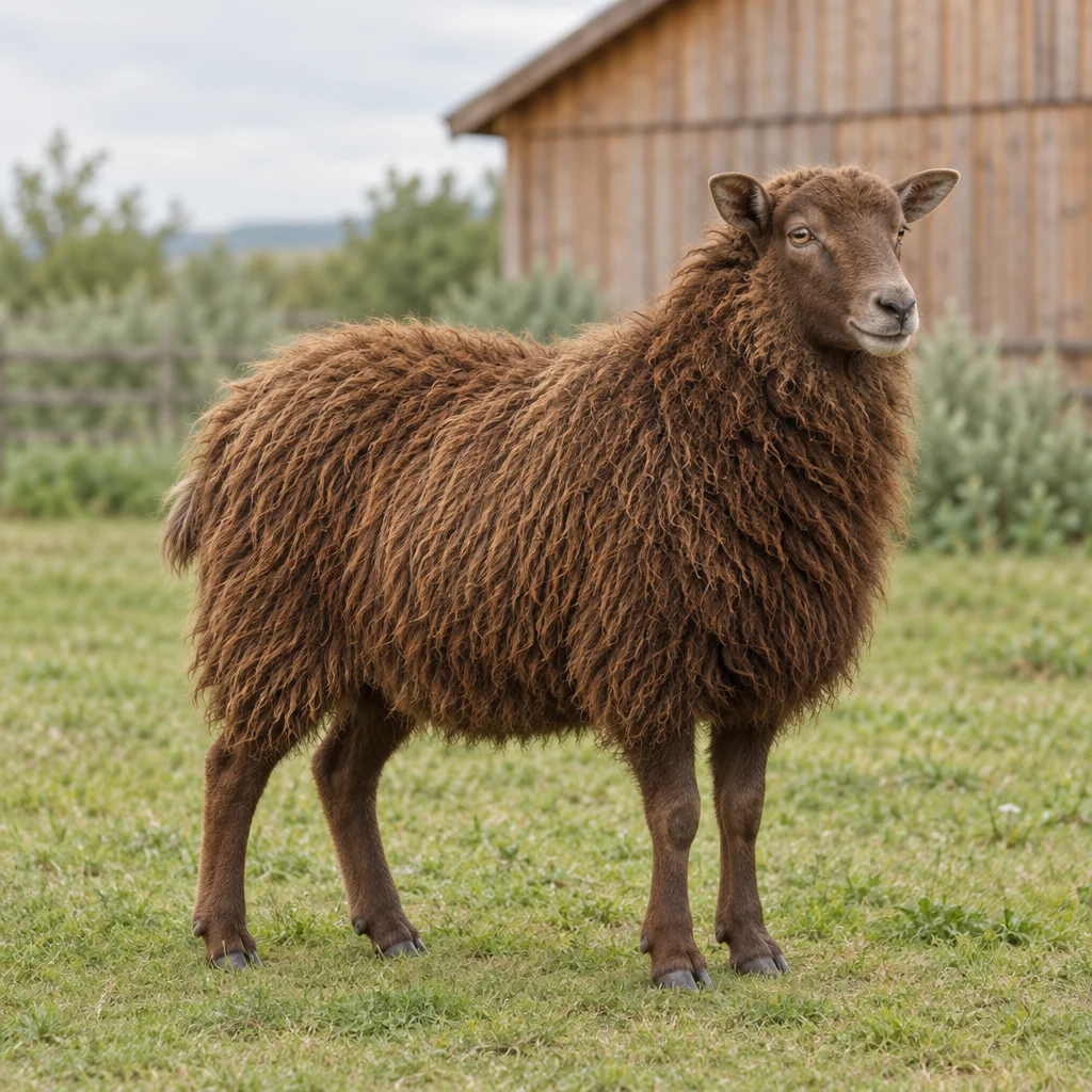 Un mouton brun sans cornes se tient dans un pré, ses quatre pattes visibles, avec une grange en bois en arrière du pré.