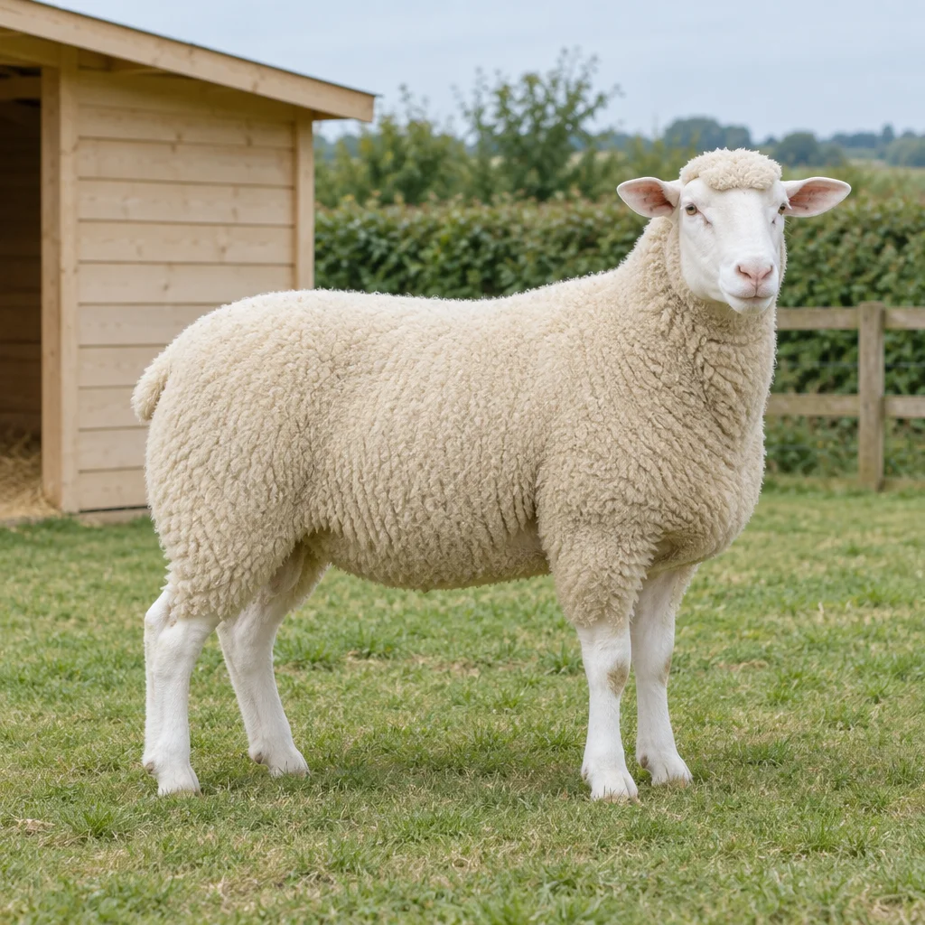 Mouton blanc sans cornes, au tronc large et avec une touffe de laine sur le front, dans une pâture à côté d’un abri en bois.