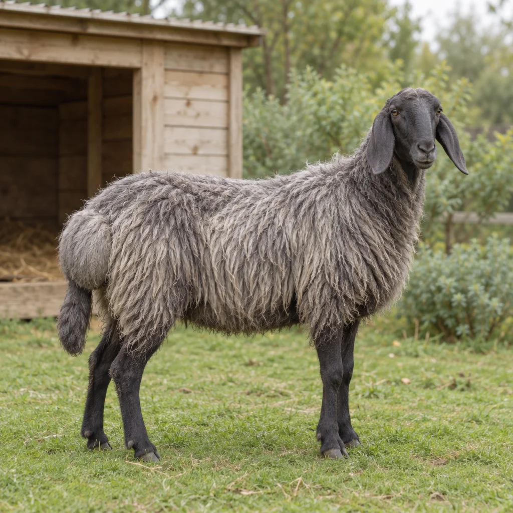 Mouton à la laine grise, à la tête sombre, aux oreilles tombantes et à la large queue, debout dans l’herbe à côté d’un abri en bois.