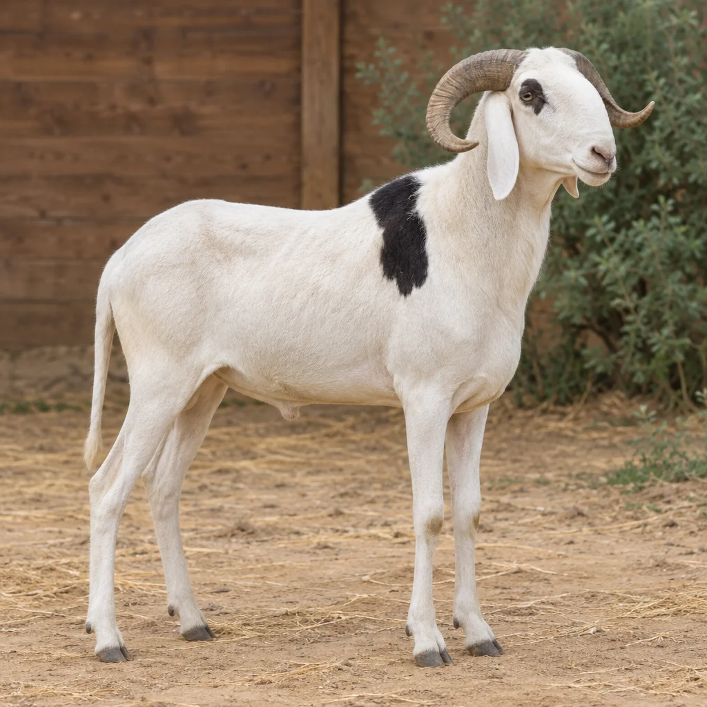Mouton blanc avec une tache noire sur l’épaule et des cornes recourbées, entièrement visible dans une cour au sol sablonneux, devant un mur en bois.