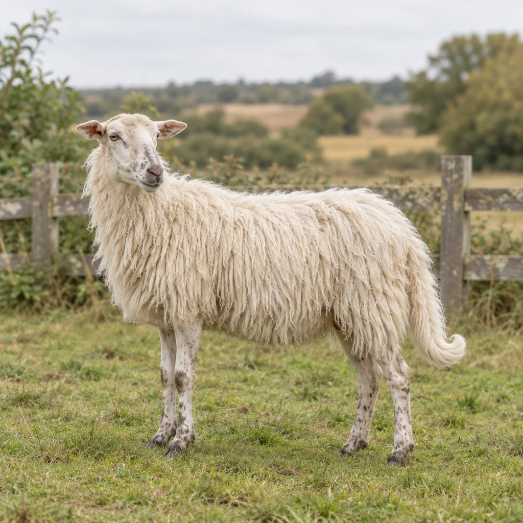 Un mouton blanc à la laine longue et lâche, au museau et aux pattes tachetés, avec une queue recourbée, se tient dans un pré herbeux près d’une clôture en bois.