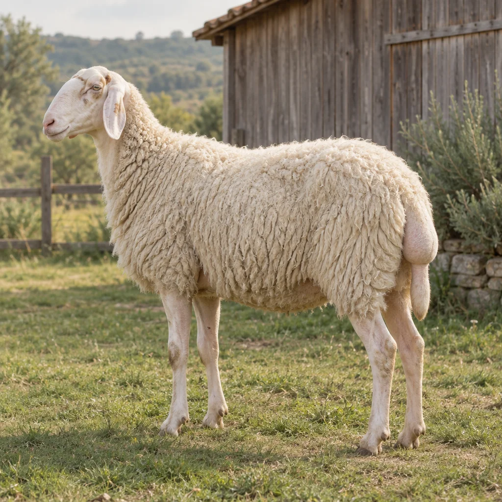 Illustration d'un mouton Laticauda blanc, aux oreilles tombantes et à la large queue grasse, debout sur l'herbe près d'une grange.