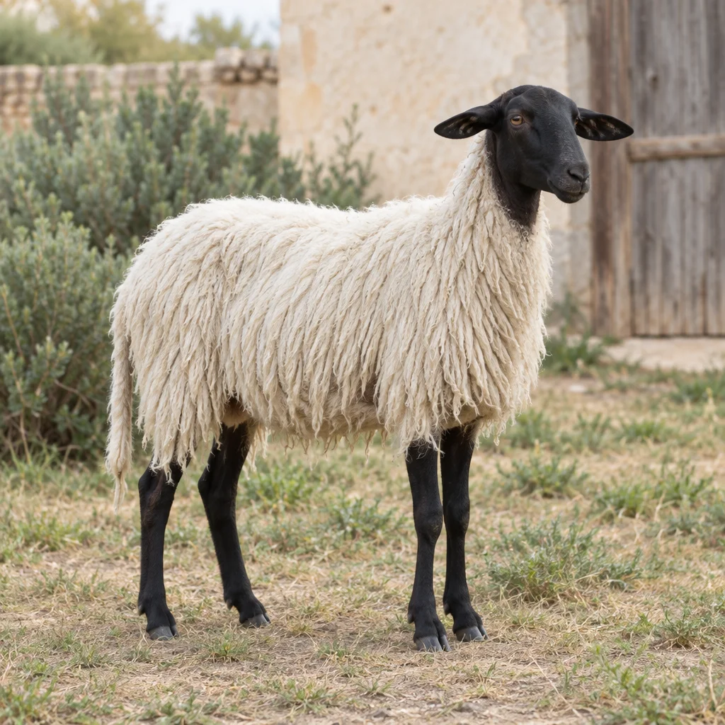 Un mouton à la laine blanche et pendante, à la tête et aux pattes noires, se tient sur de l'herbe sèche devant un mur clair de ferme.