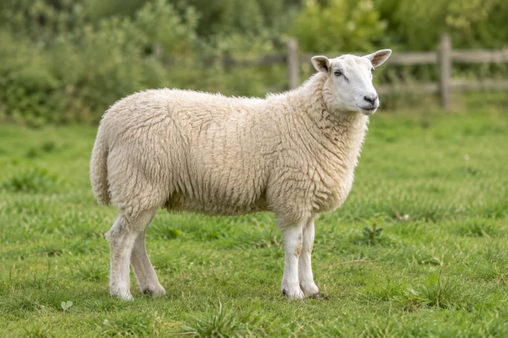 Un mouton blanc se tient dans une prairie verdoyante, avec une clôture à l’arrière.